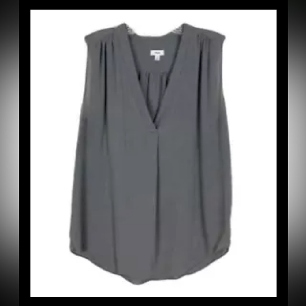 Vince Top Size M Grey V-Neck inverted Pleat 100% Silk Sleeveless Blouse